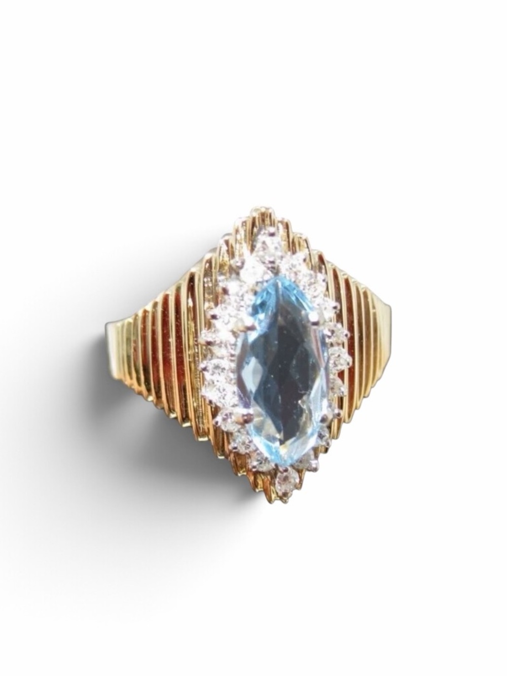 JED Vintage 14K Gold Marquise Blue Topaz Diamond Halo Cocktail Ring Size 6.5
